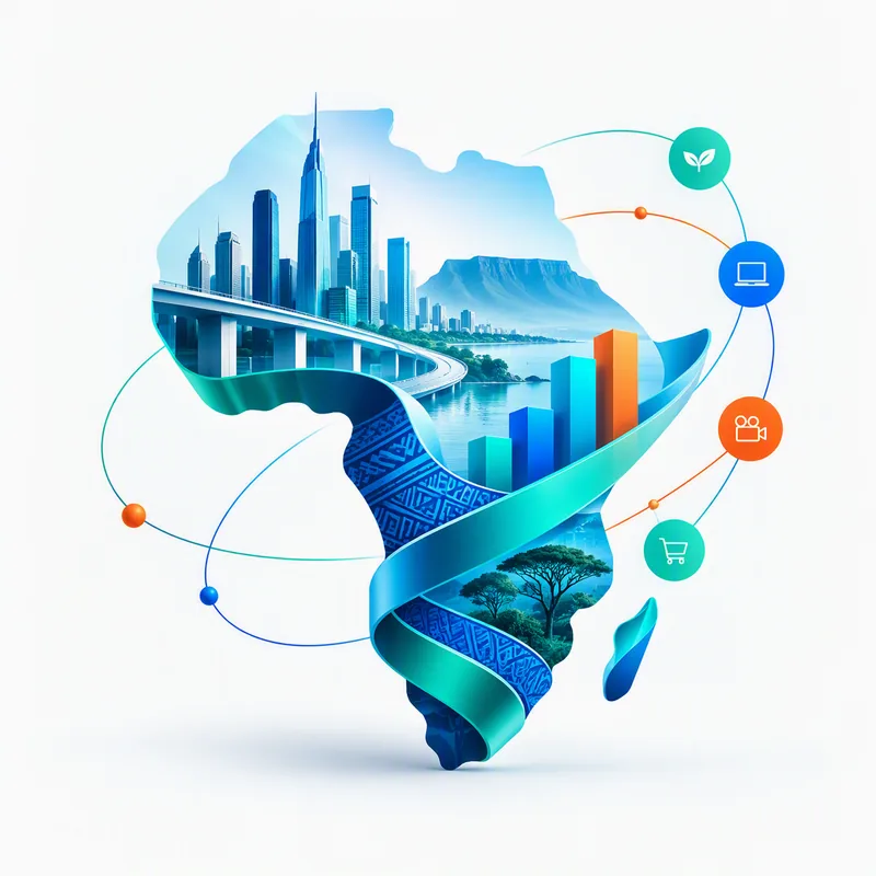 Map of Africa formed from a city skyline, ribbon and icons representing technology, media, consumer and culture
