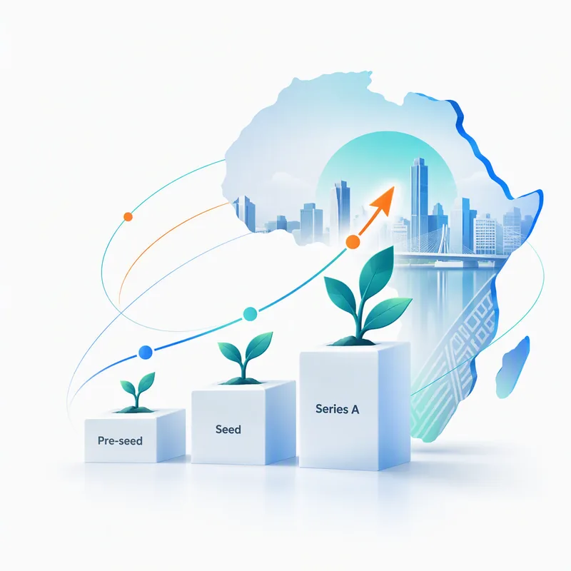 Growth stages from pre-seed to Series A illustrated as rising platforms in front of an African city skyline